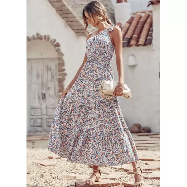 imagePRETTYGARDEN Womens Floral Maxi Dress 2024 Knot One Shoulder Sleeveless Ruffle Hem Flowy Boho DressesBlue White