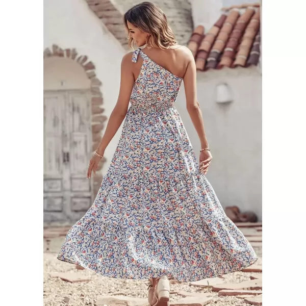 imagePRETTYGARDEN Womens Floral Maxi Dress 2024 Knot One Shoulder Sleeveless Ruffle Hem Flowy Boho DressesBlue White