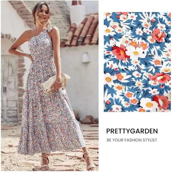 imagePRETTYGARDEN Womens Floral Maxi Dress 2024 Knot One Shoulder Sleeveless Ruffle Hem Flowy Boho DressesBlue White