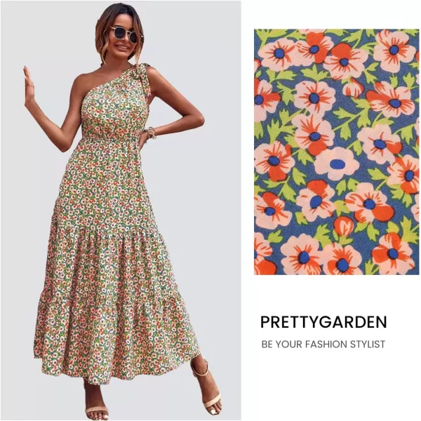 imagePRETTYGARDEN Womens Floral Maxi Dress 2024 Knot One Shoulder Sleeveless Ruffle Hem Flowy Boho DressesBluePink
