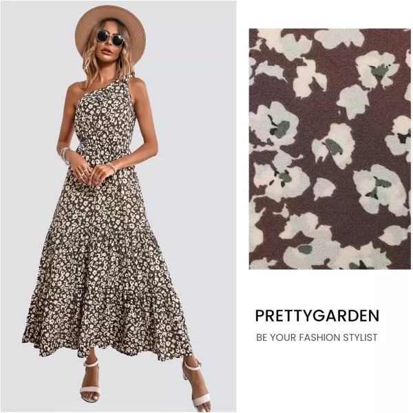 imagePRETTYGARDEN Womens Floral Maxi Dress 2024 Knot One Shoulder Sleeveless Ruffle Hem Flowy Boho DressesCoffee