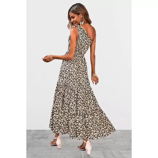 imagePRETTYGARDEN Womens Floral Maxi Dress 2024 Knot One Shoulder Sleeveless Ruffle Hem Flowy Boho DressesCoffee