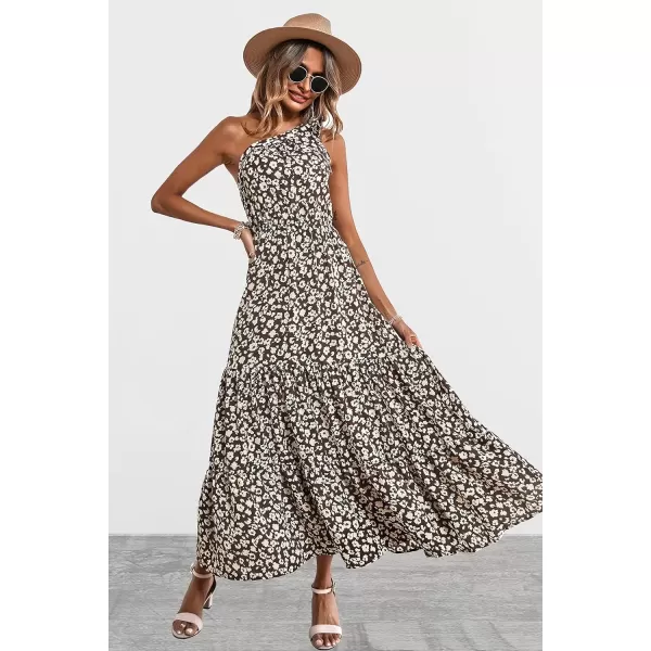 imagePRETTYGARDEN Womens Floral Maxi Dress 2024 Knot One Shoulder Sleeveless Ruffle Hem Flowy Boho DressesCoffee