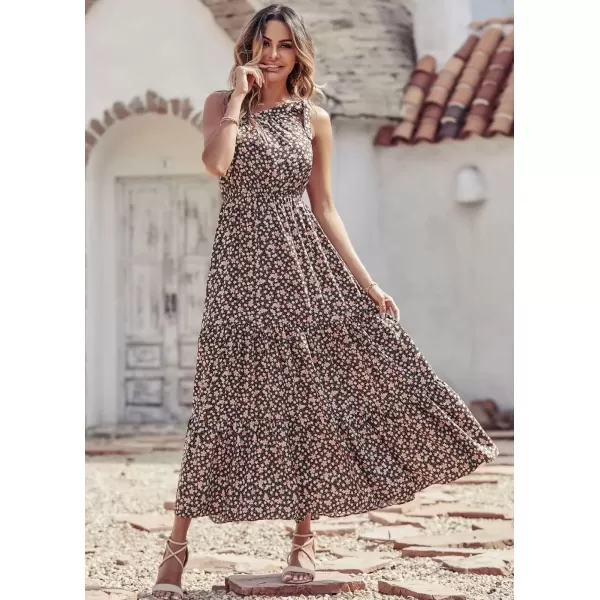 imagePRETTYGARDEN Womens Floral Maxi Dress 2024 Knot One Shoulder Sleeveless Ruffle Hem Flowy Boho DressesCoffee Pink