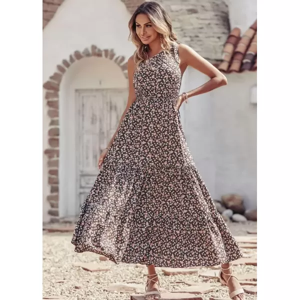 imagePRETTYGARDEN Womens Floral Maxi Dress 2024 Knot One Shoulder Sleeveless Ruffle Hem Flowy Boho DressesCoffee Pink