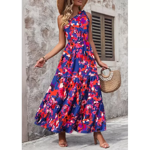 imagePRETTYGARDEN Womens Floral Maxi Dress 2024 Knot One Shoulder Sleeveless Ruffle Hem Flowy Boho DressesDark Blue Orange Floral