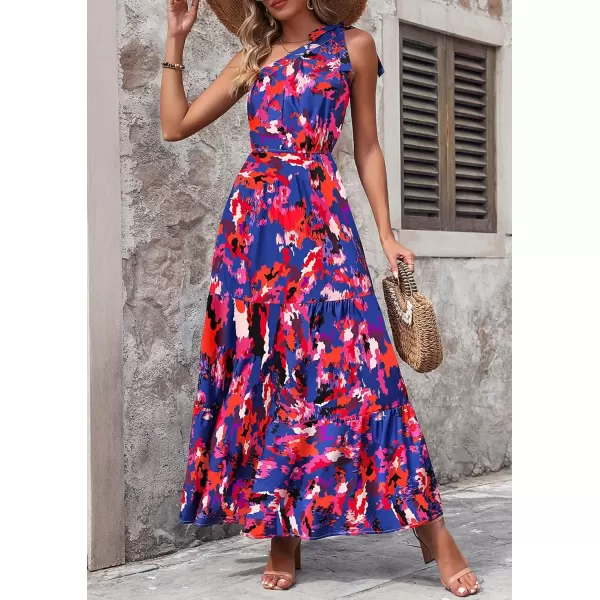 imagePRETTYGARDEN Womens Floral Maxi Dress 2024 Knot One Shoulder Sleeveless Ruffle Hem Flowy Boho DressesDark Blue Orange Floral