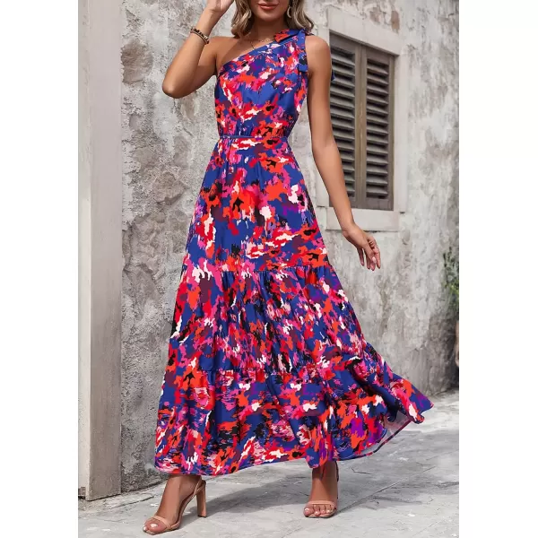 imagePRETTYGARDEN Womens Floral Maxi Dress 2024 Knot One Shoulder Sleeveless Ruffle Hem Flowy Boho DressesDark Blue Orange Floral