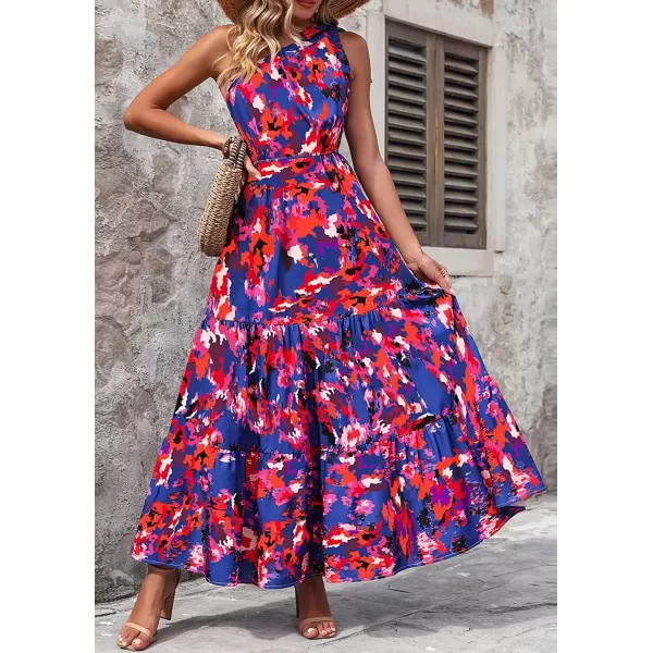 imagePRETTYGARDEN Womens Floral Maxi Dress 2024 Knot One Shoulder Sleeveless Ruffle Hem Flowy Boho DressesDark Blue Orange Floral