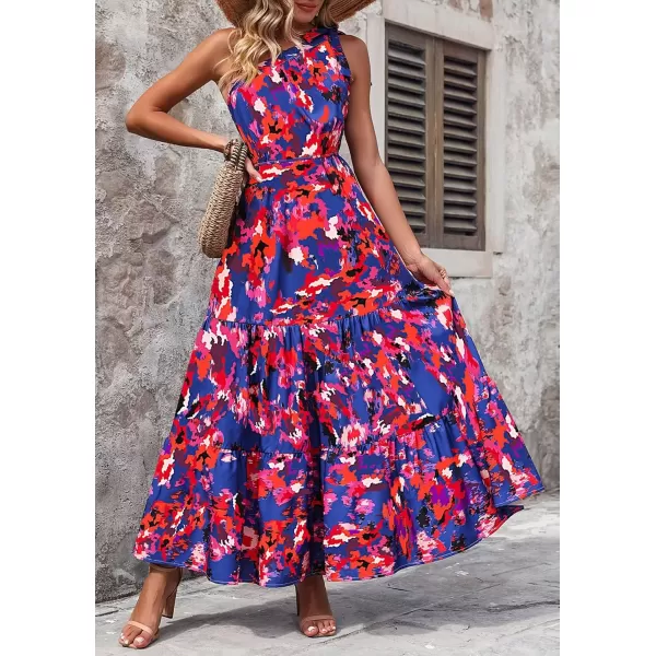 imagePRETTYGARDEN Womens Floral Maxi Dress 2024 Knot One Shoulder Sleeveless Ruffle Hem Flowy Boho DressesDark Blue Orange Floral