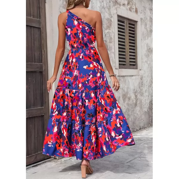 imagePRETTYGARDEN Womens Floral Maxi Dress 2024 Knot One Shoulder Sleeveless Ruffle Hem Flowy Boho DressesDark Blue Orange Floral