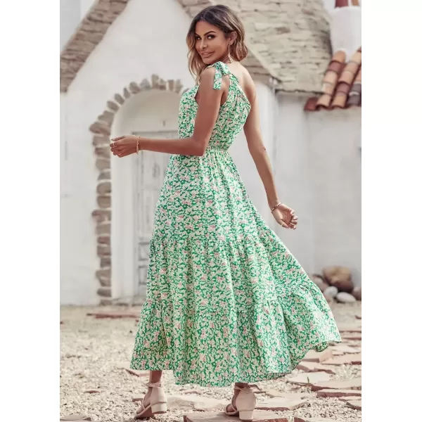 imagePRETTYGARDEN Womens Floral Maxi Dress 2024 Knot One Shoulder Sleeveless Ruffle Hem Flowy Boho DressesGreen White