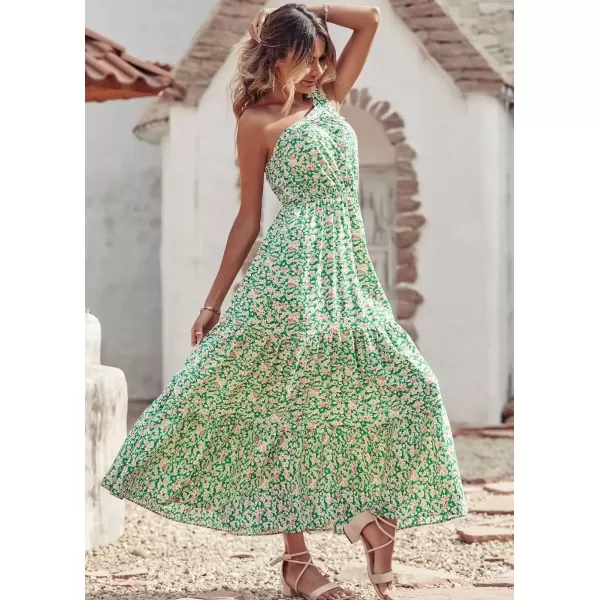 imagePRETTYGARDEN Womens Floral Maxi Dress 2024 Knot One Shoulder Sleeveless Ruffle Hem Flowy Boho DressesGreen White