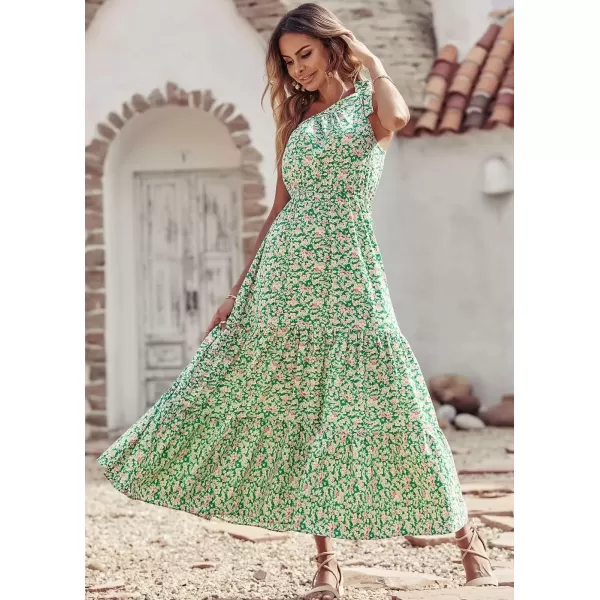 imagePRETTYGARDEN Womens Floral Maxi Dress 2024 Knot One Shoulder Sleeveless Ruffle Hem Flowy Boho DressesGreen White