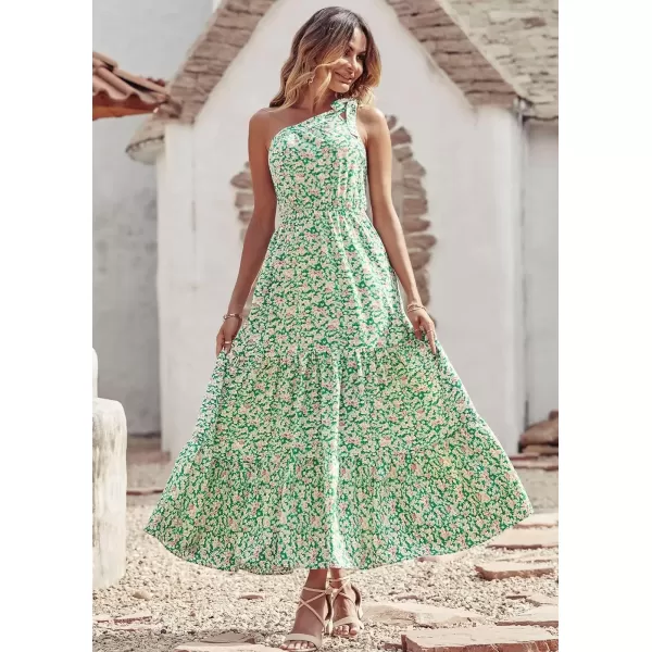 imagePRETTYGARDEN Womens Floral Maxi Dress 2024 Knot One Shoulder Sleeveless Ruffle Hem Flowy Boho DressesGreen White
