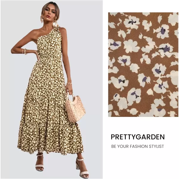 imagePRETTYGARDEN Womens Floral Maxi Dress 2024 Knot One Shoulder Sleeveless Ruffle Hem Flowy Boho DressesJiang Yellow