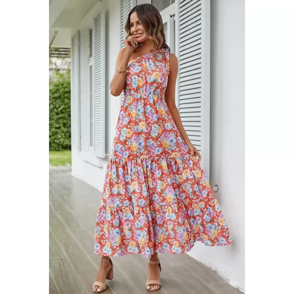 imagePRETTYGARDEN Womens Floral Maxi Dress 2024 Knot One Shoulder Sleeveless Ruffle Hem Flowy Boho DressesOrange Floral