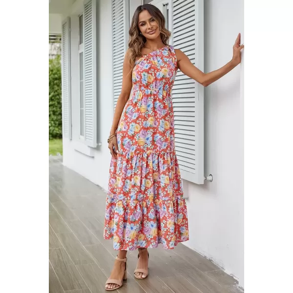 imagePRETTYGARDEN Womens Floral Maxi Dress 2024 Knot One Shoulder Sleeveless Ruffle Hem Flowy Boho DressesOrange Floral