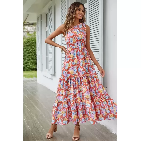 imagePRETTYGARDEN Womens Floral Maxi Dress 2024 Knot One Shoulder Sleeveless Ruffle Hem Flowy Boho DressesOrange Floral