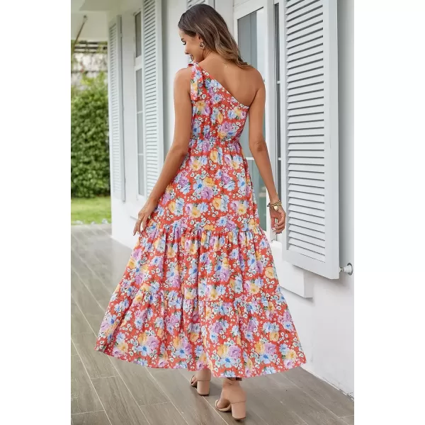 imagePRETTYGARDEN Womens Floral Maxi Dress 2024 Knot One Shoulder Sleeveless Ruffle Hem Flowy Boho DressesOrange Floral