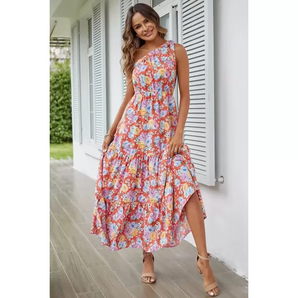 imagePRETTYGARDEN Womens Floral Maxi Dress 2024 Knot One Shoulder Sleeveless Ruffle Hem Flowy Boho DressesOrange Floral