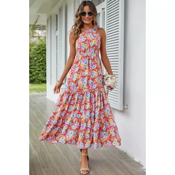 imagePRETTYGARDEN Womens Floral Maxi Dress 2024 Knot One Shoulder Sleeveless Ruffle Hem Flowy Boho DressesOrange Floral