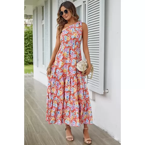 imagePRETTYGARDEN Womens Floral Maxi Dress 2024 Knot One Shoulder Sleeveless Ruffle Hem Flowy Boho DressesOrange Floral