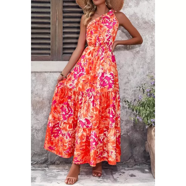 imagePRETTYGARDEN Womens Floral Maxi Dress 2024 Knot One Shoulder Sleeveless Ruffle Hem Flowy Boho DressesOrange Rose Red Big Floral