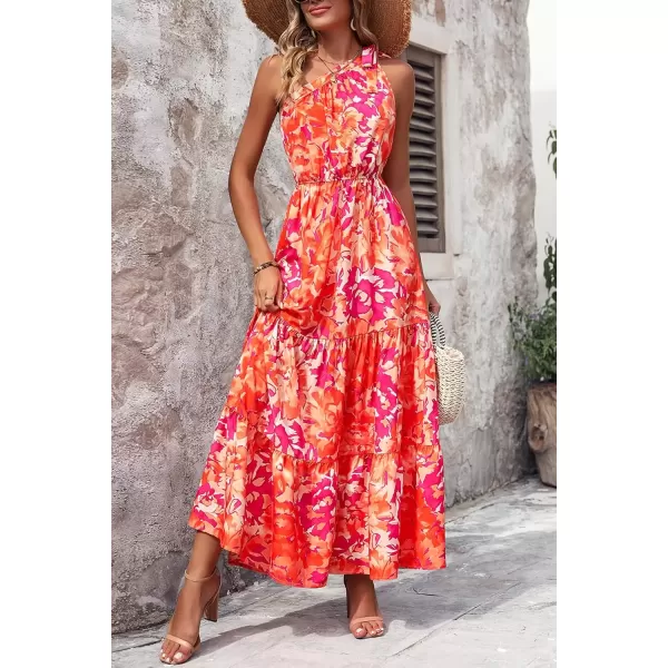 imagePRETTYGARDEN Womens Floral Maxi Dress 2024 Knot One Shoulder Sleeveless Ruffle Hem Flowy Boho DressesOrange Rose Red Big Floral