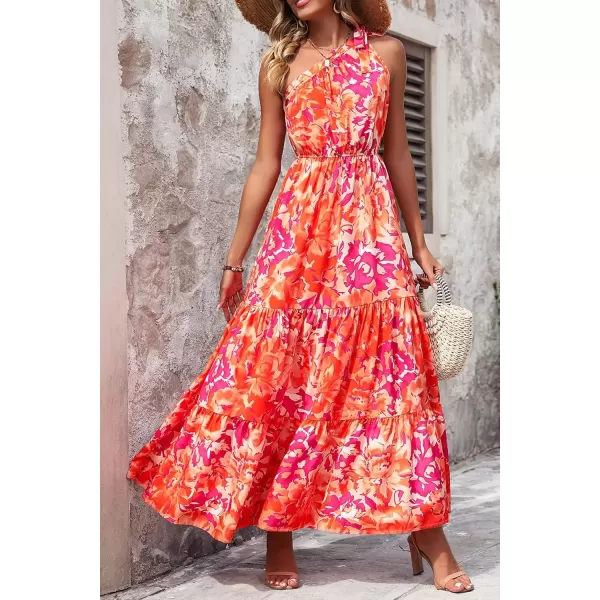 imagePRETTYGARDEN Womens Floral Maxi Dress 2024 Knot One Shoulder Sleeveless Ruffle Hem Flowy Boho DressesOrange Rose Red Big Floral