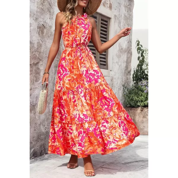 imagePRETTYGARDEN Womens Floral Maxi Dress 2024 Knot One Shoulder Sleeveless Ruffle Hem Flowy Boho DressesOrange Rose Red Big Floral