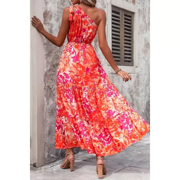 imagePRETTYGARDEN Womens Floral Maxi Dress 2024 Knot One Shoulder Sleeveless Ruffle Hem Flowy Boho DressesOrange Rose Red Big Floral