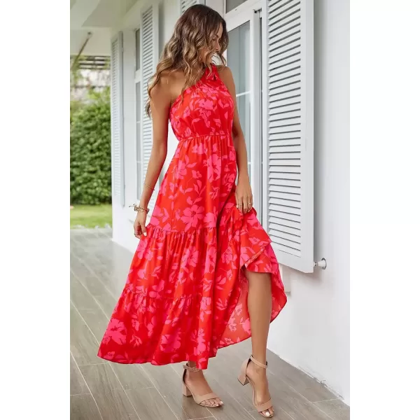 imagePRETTYGARDEN Womens Floral Maxi Dress 2024 Knot One Shoulder Sleeveless Ruffle Hem Flowy Boho DressesRed Floral