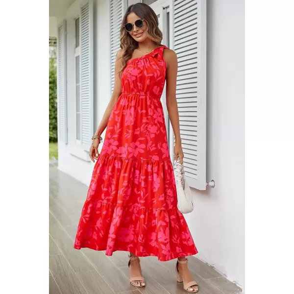 imagePRETTYGARDEN Womens Floral Maxi Dress 2024 Knot One Shoulder Sleeveless Ruffle Hem Flowy Boho DressesRed Floral