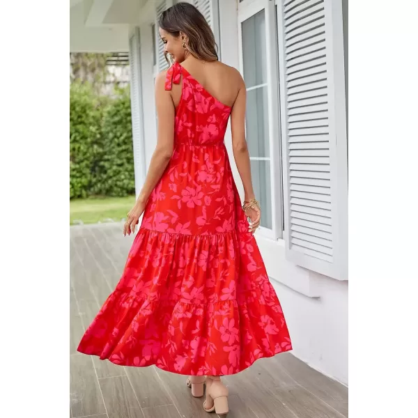 imagePRETTYGARDEN Womens Floral Maxi Dress 2024 Knot One Shoulder Sleeveless Ruffle Hem Flowy Boho DressesRed Floral