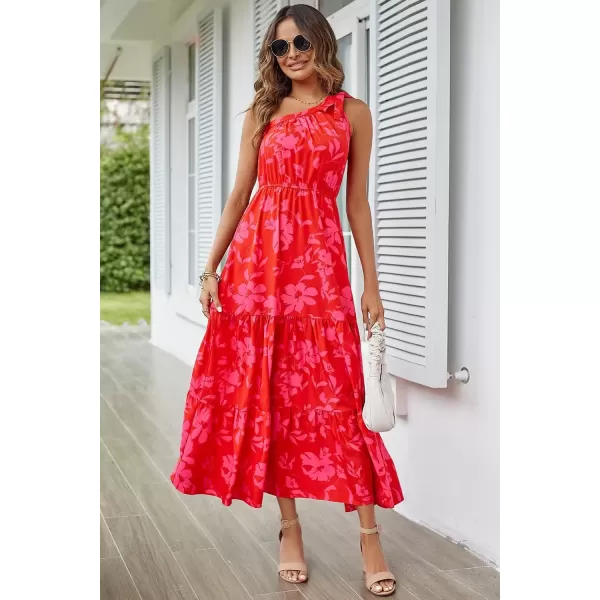imagePRETTYGARDEN Womens Floral Maxi Dress 2024 Knot One Shoulder Sleeveless Ruffle Hem Flowy Boho DressesRed Floral