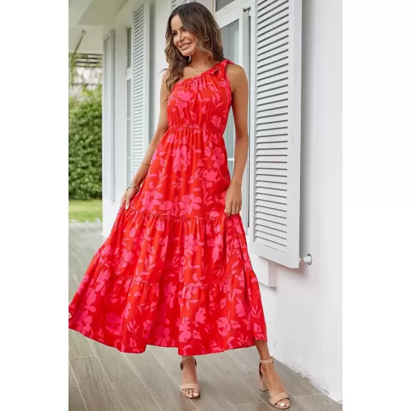 imagePRETTYGARDEN Womens Floral Maxi Dress 2024 Knot One Shoulder Sleeveless Ruffle Hem Flowy Boho DressesRed Floral
