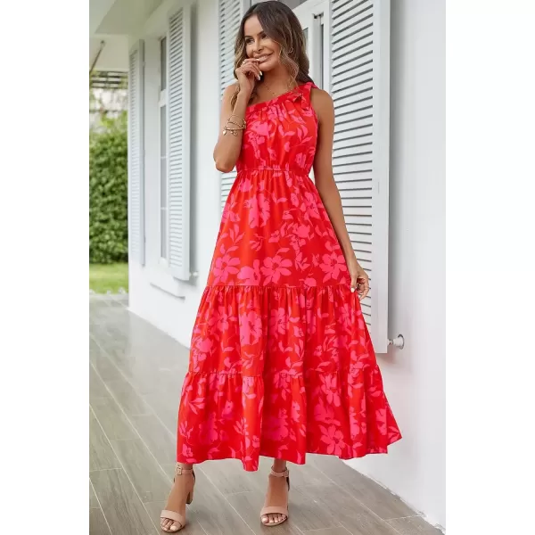 imagePRETTYGARDEN Womens Floral Maxi Dress 2024 Knot One Shoulder Sleeveless Ruffle Hem Flowy Boho DressesRed Floral