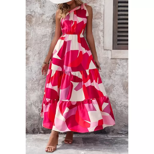 imagePRETTYGARDEN Womens Floral Maxi Dress 2024 Knot One Shoulder Sleeveless Ruffle Hem Flowy Boho DressesRed White Block