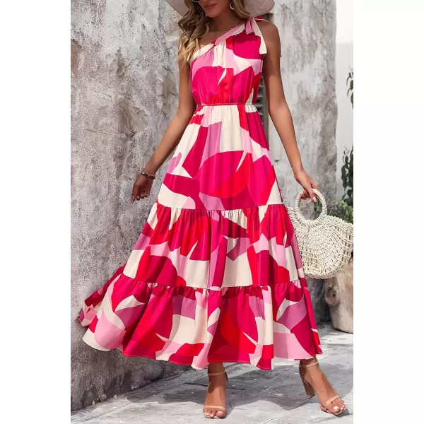 imagePRETTYGARDEN Womens Floral Maxi Dress 2024 Knot One Shoulder Sleeveless Ruffle Hem Flowy Boho DressesRed White Block
