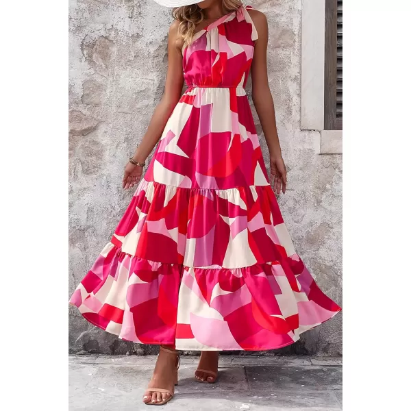 imagePRETTYGARDEN Womens Floral Maxi Dress 2024 Knot One Shoulder Sleeveless Ruffle Hem Flowy Boho DressesRed White Block