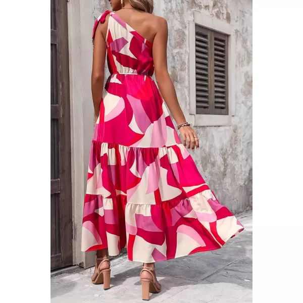 imagePRETTYGARDEN Womens Floral Maxi Dress 2024 Knot One Shoulder Sleeveless Ruffle Hem Flowy Boho DressesRed White Block