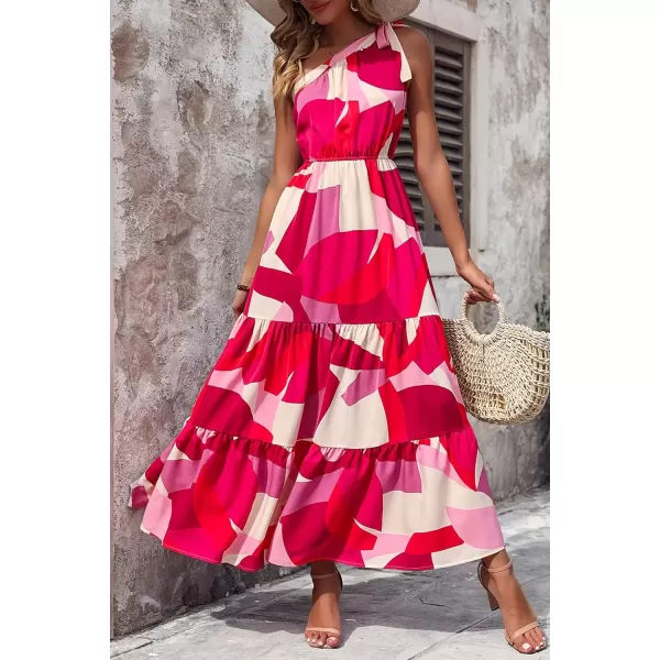 imagePRETTYGARDEN Womens Floral Maxi Dress 2024 Knot One Shoulder Sleeveless Ruffle Hem Flowy Boho DressesRed White Block