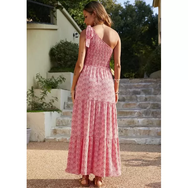imagePRETTYGARDEN Womens Floral Maxi Dress 2024 Knot One Shoulder Sleeveless Ruffle Hem Flowy Boho DressesRedWhite