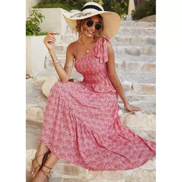 imagePRETTYGARDEN Womens Floral Maxi Dress 2024 Knot One Shoulder Sleeveless Ruffle Hem Flowy Boho DressesRedWhite