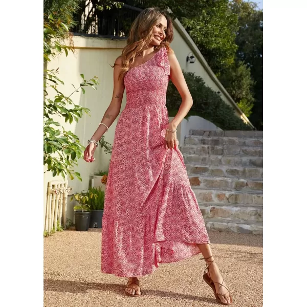 imagePRETTYGARDEN Womens Floral Maxi Dress 2024 Knot One Shoulder Sleeveless Ruffle Hem Flowy Boho DressesRedWhite