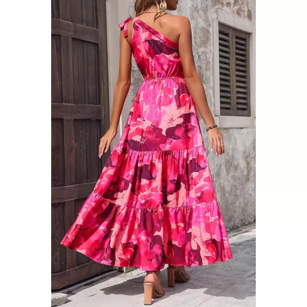 imagePRETTYGARDEN Womens Floral Maxi Dress 2024 Knot One Shoulder Sleeveless Ruffle Hem Flowy Boho DressesRose Red Big Floral