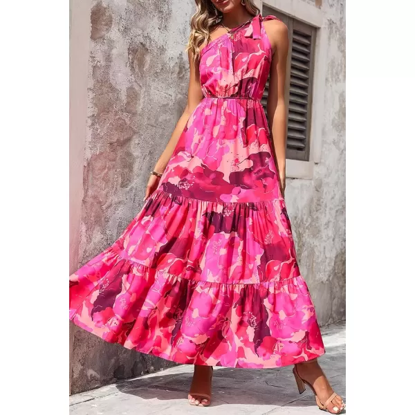 imagePRETTYGARDEN Womens Floral Maxi Dress 2024 Knot One Shoulder Sleeveless Ruffle Hem Flowy Boho DressesRose Red Big Floral