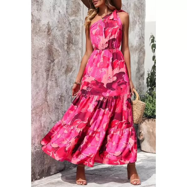 imagePRETTYGARDEN Womens Floral Maxi Dress 2024 Knot One Shoulder Sleeveless Ruffle Hem Flowy Boho DressesRose Red Big Floral