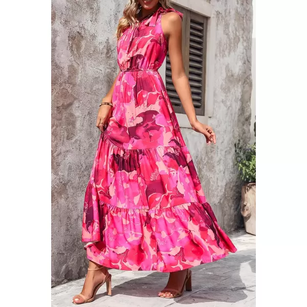 imagePRETTYGARDEN Womens Floral Maxi Dress 2024 Knot One Shoulder Sleeveless Ruffle Hem Flowy Boho DressesRose Red Big Floral